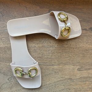 Jeffrey Campbell Annia Jelly Slide Sandals in Nude with Gold Accents, size 7
